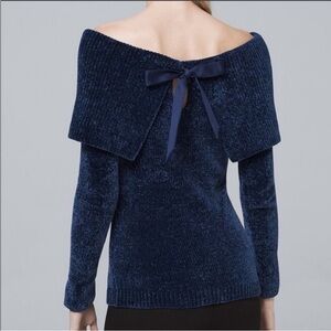 White House Black Market Blue Chenille Cold Shoulder Sweater Petite Large